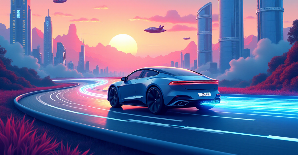 A stylized illustration depicting the physics of electric vehicles. Show a sleek, futuristic electric car driving on a winding road through a vibrant cityscape. Highlight the car's energy flow with glowing lines representing electricity traveling from the battery, through the motor, and powering the wheels. Include a small infographic illustrating the principles of regenerative braking and energy efficiency. The background should be a vibrant, futuristic cityscape with futuristic skyscrapers and flying cars, contrasting with the clean lines and environmentally friendly nature of the electric vehicle. The overall mood should be optimistic, energetic, and progressive, highlighting the exciting possibilities of sustainable transportation.