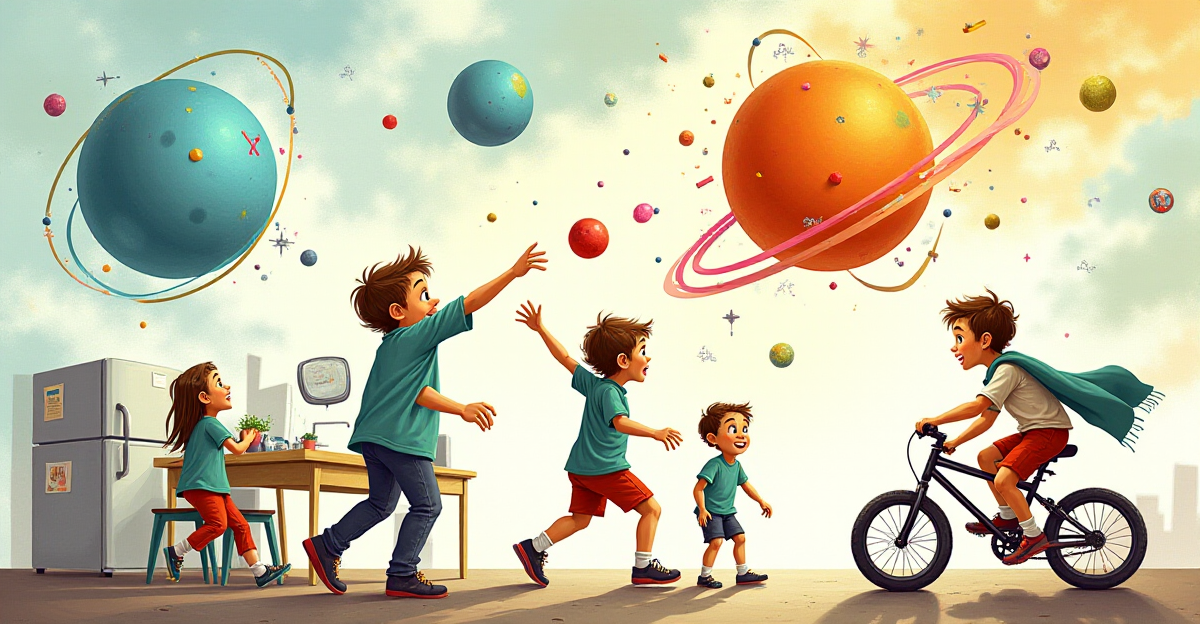 A vibrant and colorful illustration depicting relatable physics in action. The composition should showcase various everyday objects and activities, each illustrating a different physics principle. For example: a bouncing ball demonstrating gravity, a magnifying glass showcasing optics, a refrigerator highlighting thermodynamics, and a child riding a bike demonstrating momentum. The overall mood should be playful and engaging, encouraging viewers to observe the science behind everyday life. The illustration should incorporate a mix of realistic and cartoonish elements, creating a visually captivating and educational piece.