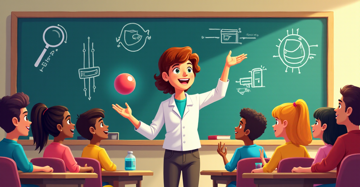 A vibrant and engaging illustration depicting a classroom scene where a teacher is explaining physics concepts through everyday examples. The teacher, with a friendly and enthusiastic demeanor, is holding a bouncing ball, demonstrating principles of gravity and momentum. Behind the teacher, a chalkboard displays colorful diagrams of a magnifying glass, a refrigerator, and a simple electrical circuit, representing other everyday examples of physics. The classroom should be filled with diverse students, actively engaged in the lesson, with expressions of curiosity and understanding on their faces. Use a bright and lively color palette, emphasizing the dynamic nature of physics and the excitement of learning. The composition should highlight the teacher as the central figure, with the students surrounding them, creating a sense of interaction and participation in the learning process. The overall mood of the illustration should be positive, encouraging, and inspiring, reflecting the joy of discovering the science behind our everyday world.