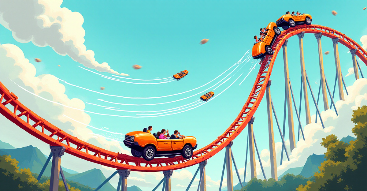 A dynamic illustration showcasing the interplay of movement and gravity. Depict a scene with vibrant colors, capturing the energy of a roller coaster speeding through loops and dips. The coaster's trajectory should be emphasized with lines representing the forces acting upon it, including gravity pulling it down and momentum propelling it forward. The illustration should convey a sense of excitement and motion, emphasizing the thrill of the roller coaster ride while illustrating key physical principles. Incorporate elements of "friction" with the track, visually depicting how it affects the coaster's movement. The overall mood should be playful and educational, making the science of physics engaging and approachable for all ages.