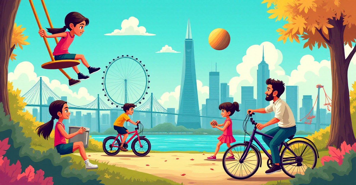 A vibrant and dynamic composition illustrating the interplay of physics in everyday life. The background features a cityscape, showcasing iconic structures like a skyscraper, a bridge, and a Ferris wheel, each exemplifying fundamental physics principles. In the foreground, a diverse group of individuals engage in activities that demonstrate these concepts: a child on a swing, a cyclist riding downhill, a chef cooking on a stove, and a person throwing a ball. The image should capture the movement and energy of these activities, while simultaneously highlighting the unseen forces at play. The overall mood should be one of playful curiosity, encouraging viewers to see the world through a scientific lens. Emphasize a bright, colorful palette with a sense of depth and dimension, reminiscent of a whimsical graphic novel style.
