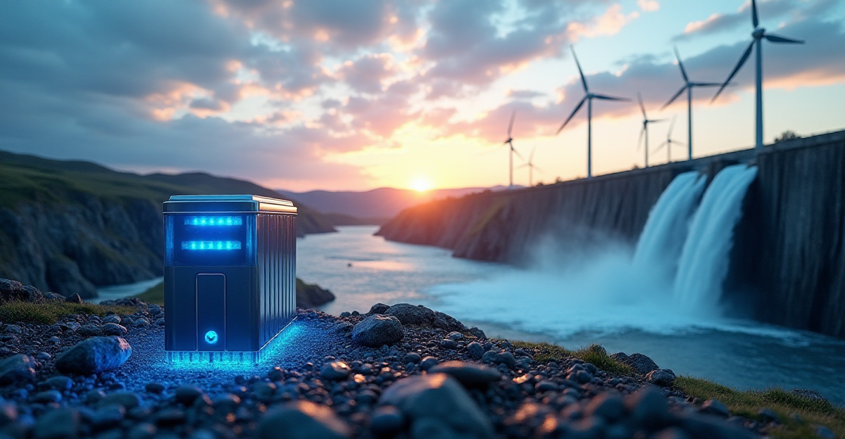 A futuristic, yet grounded, depiction of renewable energy storage technologies. In the foreground, a sleek, silver battery bank with glowing blue energy bars, represents the core concept of storage. In the background, a majestic hydroelectric dam spills water onto turbines, showcasing pumped hydro technology. The sky above is a vibrant blue, speckled with wind turbines spinning gracefully against the backdrop of a setting sun, symbolizing the connection between renewable energy generation and storage. The overall scene evokes a sense of optimism and progress, with a soft, warm lighting highlighting the efficiency and promise of renewable energy solutions.