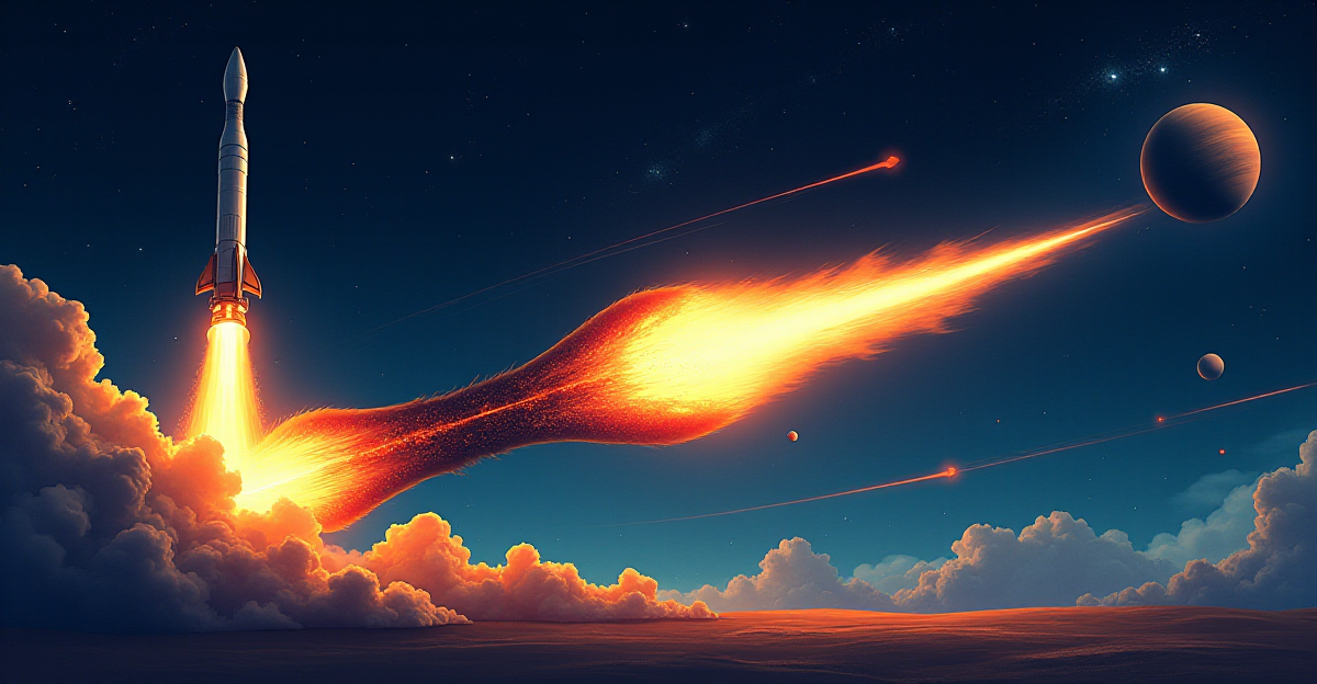 A dynamic illustration depicting the fundamental principles of rocket propulsion. The scene could feature a rocket launch, with a trail of fiery exhaust against a dark blue space background dotted with stars. A close-up on the rocket engine could showcase the internal combustion process, highlighting the flow of fuel and the generation of hot gases. Focus on the dramatic contrast between the dark, vastness of space and the intense brightness and energy of the rocket engine. Use a mix of realistic and stylized elements to emphasize the scientific aspects of rocket propulsion, while incorporating a sense of awe and wonder at the power of this technology. Incorporate visual metaphors illustrating the key concepts: the conservation of momentum, gravity assist, and different types of rocket engines. For instance, the conservation of momentum could be represented by arrows depicting the forward motion of the rocket and the backward expulsion of exhaust gases. Gravity assist could be visualized by depicting a spacecraft "slingshotting" around a planet, gaining speed due to the planet's gravitational pull. The different types of rocket engines (solid-fuel, liquid-fuel, ion engines) could be presented visually in a clear and concise manner. The illustration should aim to inspire a sense of excitement and curiosity about the wonders of space exploration.
