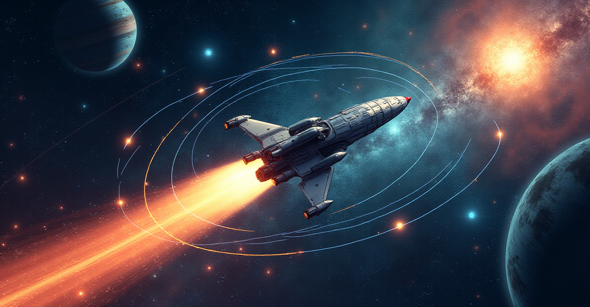 A captivating illustration depicting the principles of space exploration. In the foreground, a sleek, futuristic spacecraft soars through the vast expanse of space, leaving a fiery trail behind. The spacecraft is encircled by swirling lines and diagrams illustrating the forces of gravity, orbital mechanics, and rocket propulsion. The background is a vibrant nebula, showcasing the beauty and complexity of the cosmos. The scene should convey a sense of wonder, highlighting the scientific ingenuity and human ambition behind space exploration. The artwork should have a clean, stylized aesthetic, reminiscent of scientific illustrations from the golden age of space exploration.