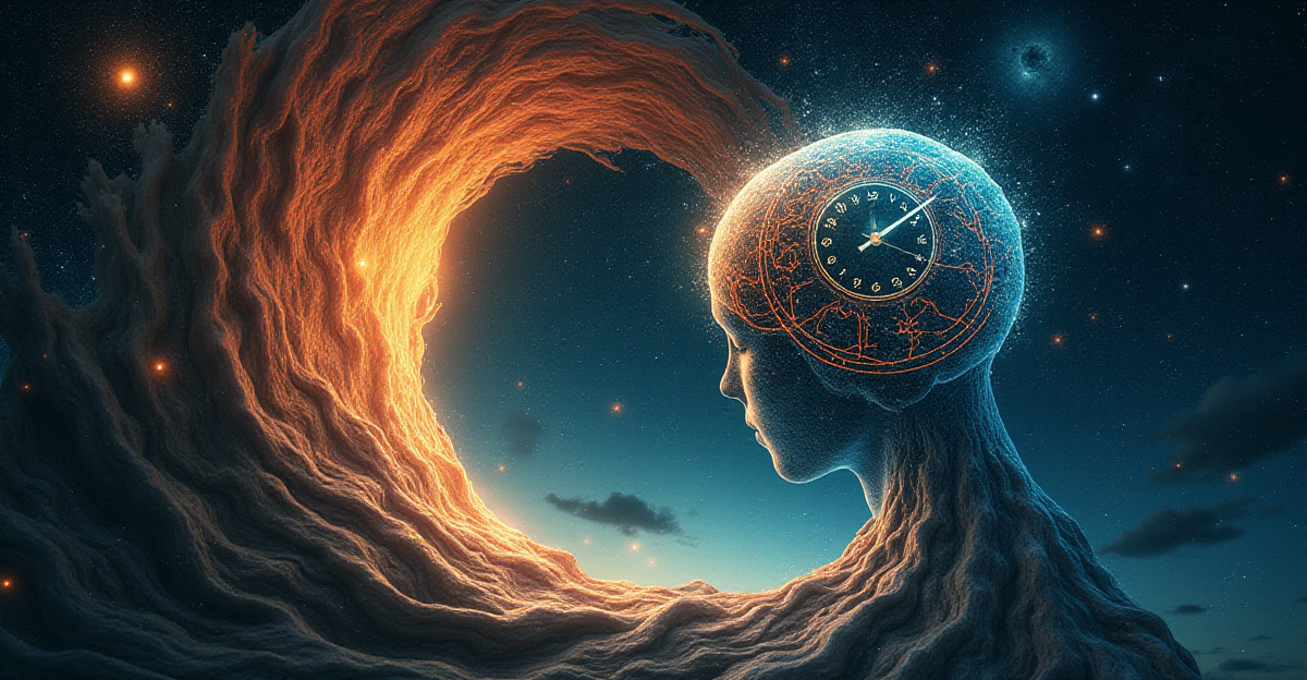 A surreal and abstract composition depicting the interplay of physics and psychology in time perception. Imagine a clock face melting into a swirling vortex, representing the subjective experience of time. In the background, a vast, starry sky represents the cosmos, while a human brain with glowing neural pathways emerges from the vortex, symbolizing the cognitive processes that shape our perception of time. Use a vibrant color palette with contrasting warm and cool tones to convey the dynamic nature of time.