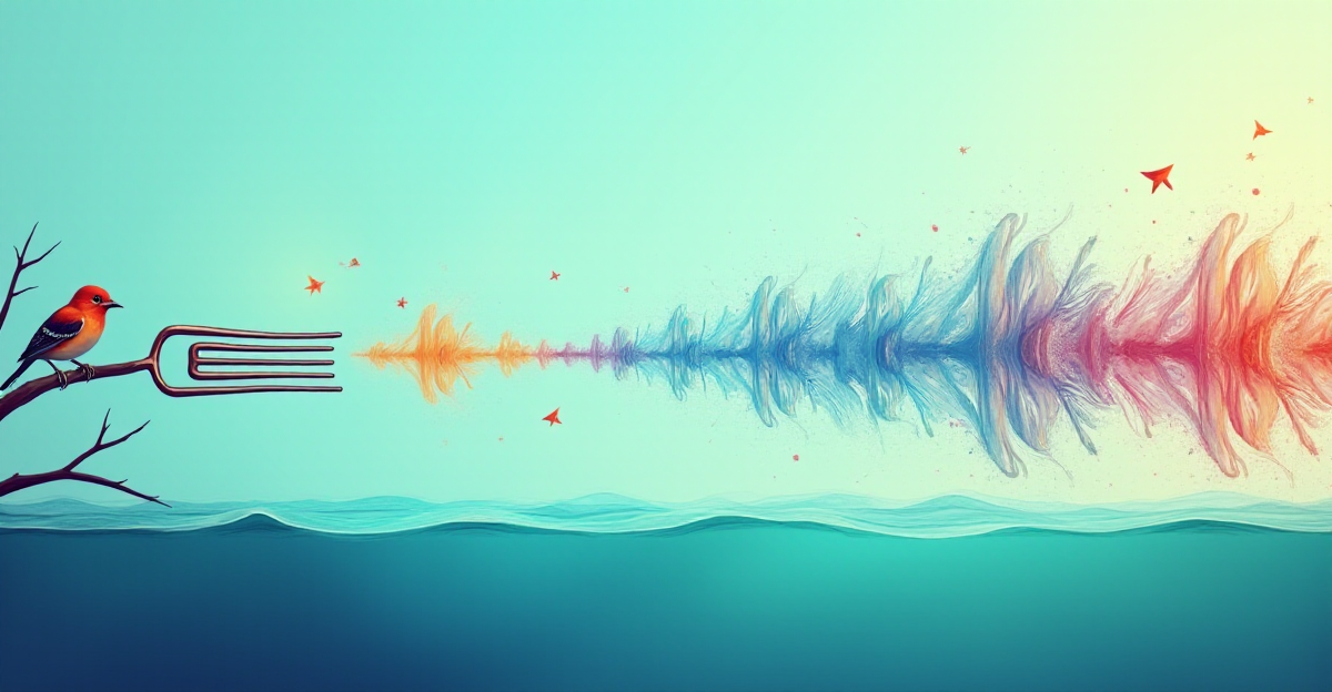 A vibrant illustration depicting the journey of a sound wave through different mediums. Start with a tuning fork, its tines vibrating, creating compression and rarefaction zones in the air around it. These zones, represented by swirling, colorful bands, flow outwards, illustrating the longitudinal wave propagation. As the wave moves through air, depict a small bird perched on a branch, its feathers ruffled by the passing sound wave. Next, show the sound wave entering a body of water, represented by deep blues and greens, its speed increasing as the wave compresses the water molecules. Finally, the sound wave travels through a solid, depicted as a gleaming metal bar, showcasing a dramatic increase in its speed. The background should be a soft, gradient blend of blue and green, symbolizing the natural mediums through which sound travels. Emphasize the visual contrast between the different mediums, highlighting the effect of density on sound wave propagation. The overall mood of the image should be one of scientific curiosity and wonder, inviting viewers to explore the invisible world of sound waves.