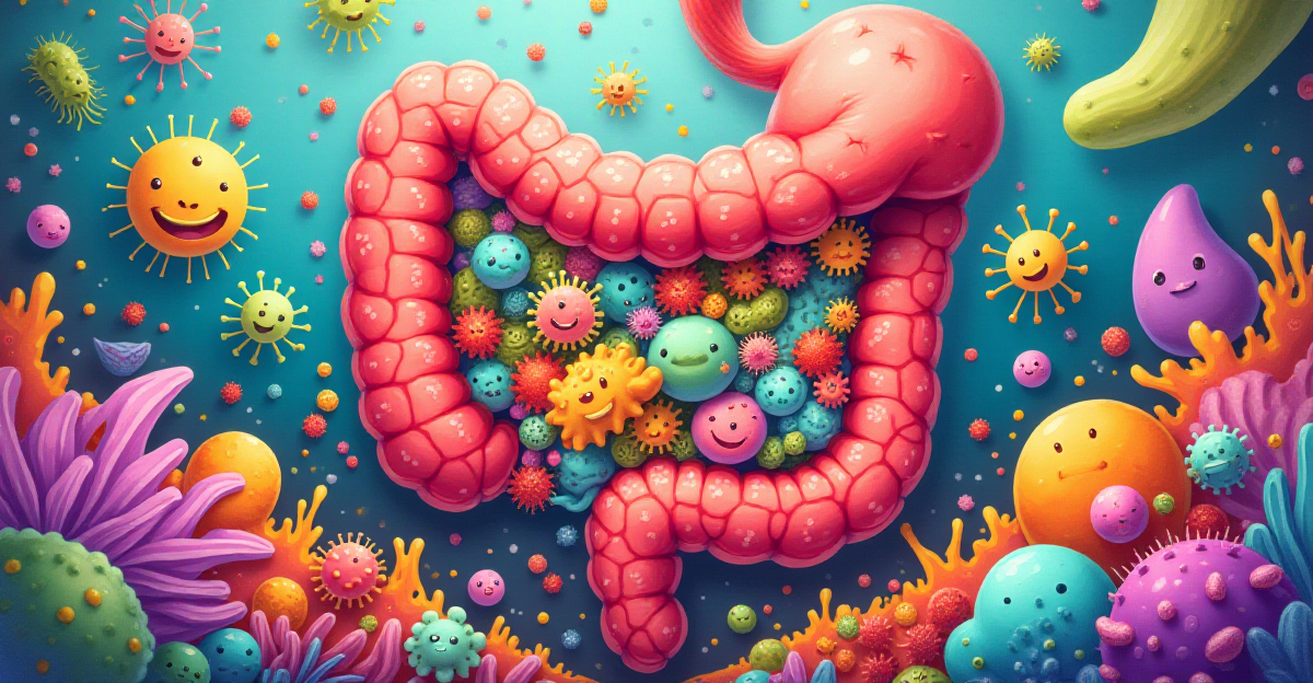 A vibrant and colorful illustration depicting the diverse community of microscopic organisms within the human gut, representing the microbiome. Focus on a visually appealing and engaging composition featuring a cross-section of the human intestine, with a variety of stylized bacteria, fungi, and viruses in various shapes and sizes. The scene should radiate a sense of life, activity, and interconnectedness, emphasizing the vital role the microbiome plays in overall health. Utilize a playful, almost cartoon-like style with bright colors and whimsical shapes to highlight the fascinating complexity of this hidden world within our bodies. Emphasize the collaborative nature of the microbiome by showcasing different microbes working together, perhaps engaging in activities like breaking down food, fighting off pathogens, or producing beneficial compounds. A subtle, almost whimsical background can suggest the larger environment of the human body.