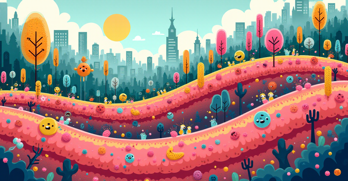 A vibrant and colorful illustration depicting the complex ecosystem of the human gut. Imagine a bustling city inside the intestines, with towering skyscrapers representing the villi, teeming with a diverse array of microorganisms represented as tiny, whimsical characters. Show friendly bacteria as colorful, playful figures aiding in digestion, nutrient absorption, and immune system support. In contrast, harmful bacteria could be depicted as dark, shadowy figures, disrupting the balance of the ecosystem. The overall mood should be positive and informative, showcasing the vital role of a healthy gut microbiome for overall well-being. The illustration should be playful and engaging, incorporating light-hearted details, emphasizing the importance of a balanced and thriving gut for a healthy and happy life.