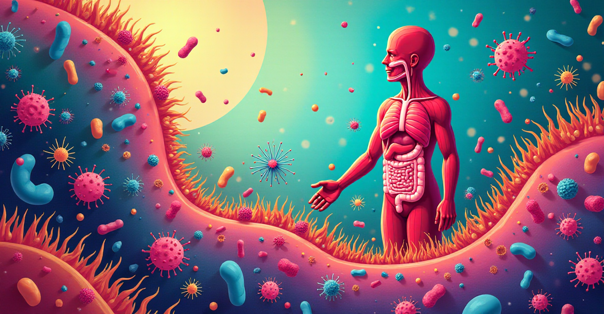 A vibrant illustration depicting the concept of a healthy gut microbiome. Imagine a bustling microscopic world within the human gut, filled with diverse and colorful bacteria representing different types of beneficial microorganisms. The scene should showcase a balance between good and bad bacteria, with the good bacteria thriving in a vibrant and colorful environment. The bad bacteria, on the other hand, are depicted as smaller and duller in color, representing their negative impact on gut health. Emphasize the interconnectedness of the gut microbiome with the rest of the body, showcasing how the gut bacteria influence digestion, immunity, mental well-being, and overall health. The illustration should convey a sense of dynamism and activity, with the good bacteria actively working to maintain a healthy gut environment. The overall mood of the image should be positive and optimistic, highlighting the potential for improving gut health through conscious choices in lifestyle and diet. Consider incorporating stylistic elements from scientific illustrations or microscopic imagery to enhance the visual appeal and educational value of the piece.