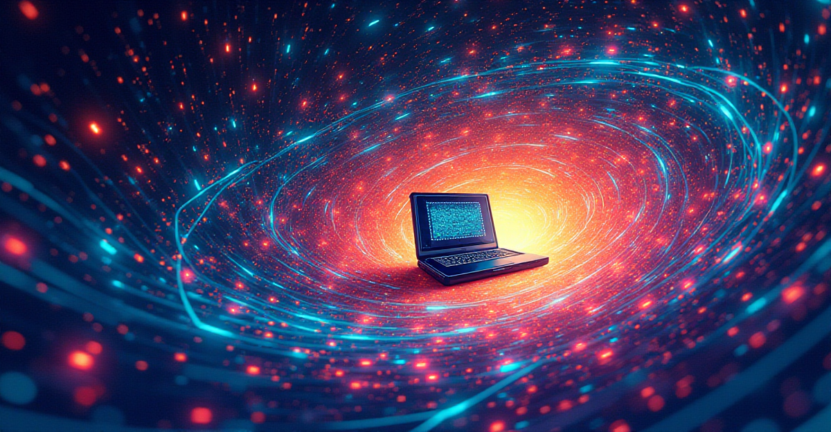 A captivating and abstract illustration depicting the essence of quantum computing. Imagine a vibrant, swirling vortex of colors representing the superposition of states in a qubit. The vortex should be composed of interwoven, interconnected lines and shapes, symbolizing the entanglement of quantum systems. Embedded within the vortex, a stylized representation of a traditional computer contrasts with a futuristic, minimalist design representing a quantum computer, highlighting the shift from classical to quantum computation. The overall mood should be one of both wonder and excitement, reflecting the transformative potential of this emerging technology.