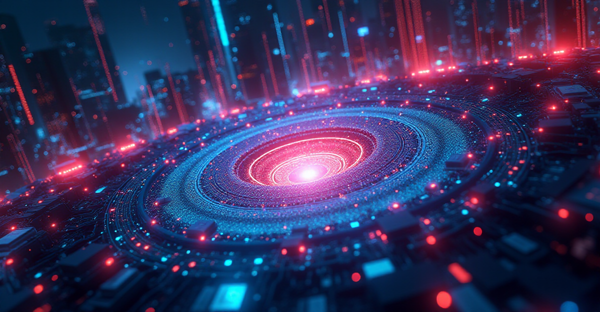 A futuristic, abstract, and vibrant depiction of quantum computing. Imagine a swirling vortex of vibrant colors, representing the superposition of states in qubits. Geometric shapes, reminiscent of circuit boards and quantum algorithms, interweave with the vortex. In the background, glimpses of the future emerge - a glowing city skyline with advanced technologies, a molecular model illuminating the power of quantum simulation for medicine, and a futuristic energy grid representing the potential for sustainable energy solutions. The overall mood should be optimistic and hopeful, conveying the potential of quantum computing to revolutionize our world. The image should be rich in detail and texture, capturing the dynamic nature of quantum mechanics and the exciting possibilities of this revolutionary technology.