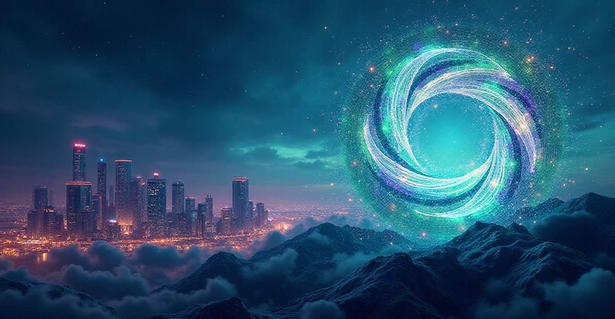 A digital painting depicting the abstract concept of quantum computing. The scene should be a dynamic and colorful representation of quantum entanglement, with swirling particles of light and energy, interweaving and connecting in complex patterns. In the background, a futuristic cityscape emerges, showcasing the potential impact of this technology on society. The overall mood should be hopeful and optimistic, emphasizing the revolutionary potential of quantum computing. Use a vibrant color palette, with shades of blue, green, and purple representing the energy and potential of quantum mechanics. The composition should be balanced, with the cityscape grounding the scene and the quantum entanglement elements soaring above.