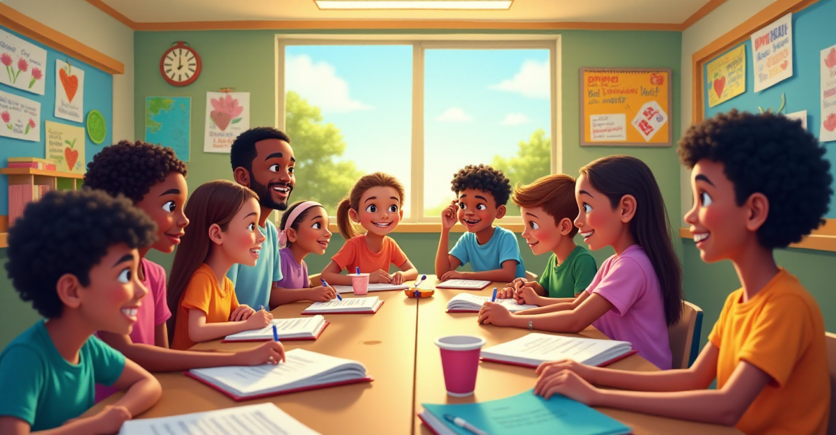 A vibrant classroom scene filled with diverse students engaged in a variety of activities that foster social-emotional learning. Students are interacting with each other in a positive and supportive environment, showcasing empathy, active listening, and problem-solving skills. The classroom is bright and colorful, decorated with motivational posters and student artwork. Use warm, inviting tones and depict the overall atmosphere as optimistic and encouraging, highlighting the positive impact of SEL on student well-being.