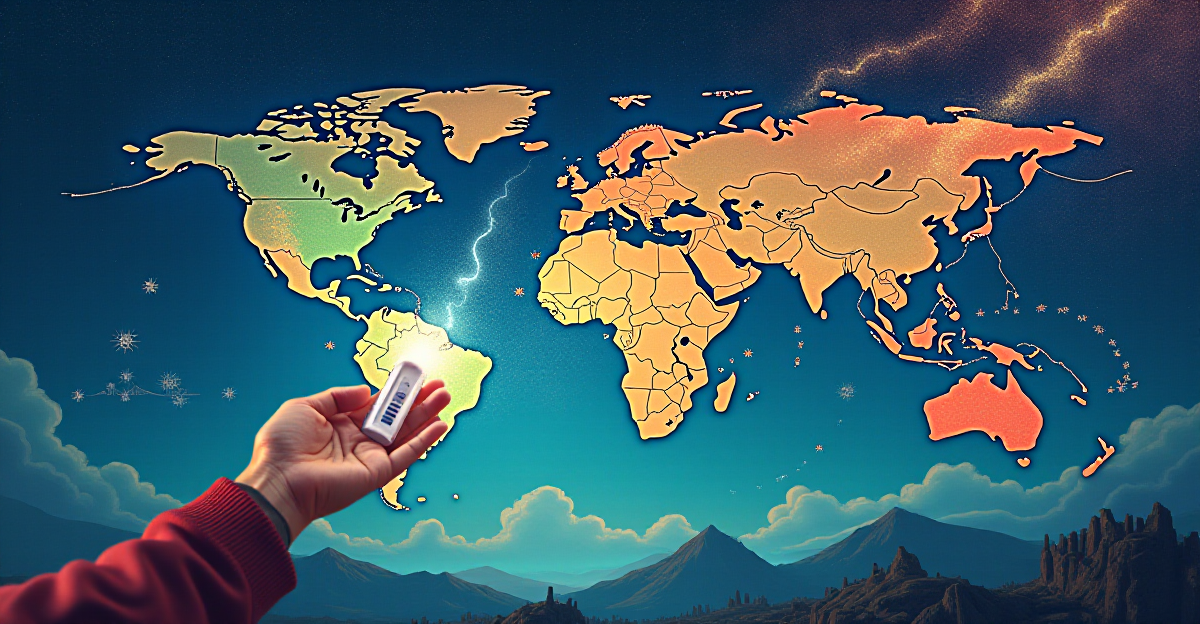 A captivating illustration depicting the journey of human lineage through DNA ancestry testing. The scene opens with a person holding a DNA test kit, symbolizing the starting point of the journey. A swirling, ethereal stream of DNA strands flows out from the kit, branching into a world map, highlighting ancestral origins across continents. The map is rendered in vibrant hues, representing the diverse cultures and ethnicities connected through DNA. In the background, a timeline with historical figures and key events depicts the migration patterns and evolution of human populations. The overall mood is one of wonder, discovery, and connection, emphasizing the power of genetics to unveil our shared human heritage.