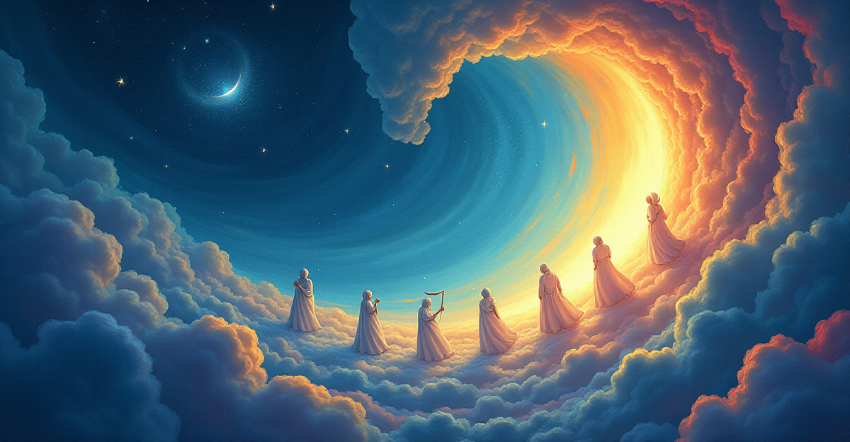 A surreal dreamscape depicting the different stages of sleep. The scene should be a swirling vortex of vibrant colors and abstract shapes, with individual figures representing the distinct stages of sleep (REM, NREM, etc.) Each figure should be stylized and ethereal, floating in a dreamlike state. The colors should transition from deep blues and purples representing the initial stages of sleep to bright yellows and oranges for the more active REM sleep. The overall mood should be calming and introspective, highlighting the mystery and importance of the sleep cycle.