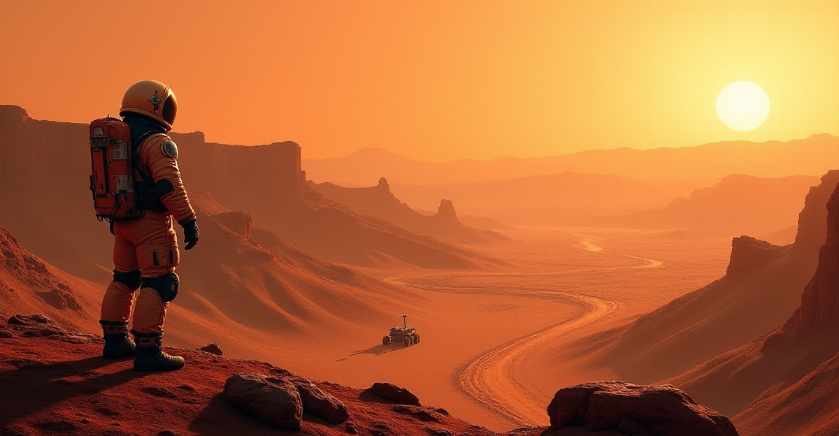 A dramatic depiction of the Martian landscape, featuring a rugged, red-hued terrain with canyons and craters. A lone astronaut, clad in a futuristic spacesuit, stands on a plateau overlooking a vast, dry riverbed, gazing intently at the horizon. In the distance, a research rover slowly traverses the Martian surface, leaving tracks in the dust. The scene should be bathed in the warm, orange glow of the setting Martian sun, creating a sense of hope and wonder about the potential for life on the Red Planet. The overall composition should be evocative of classic science fiction art, conveying a sense of both awe and mystery.