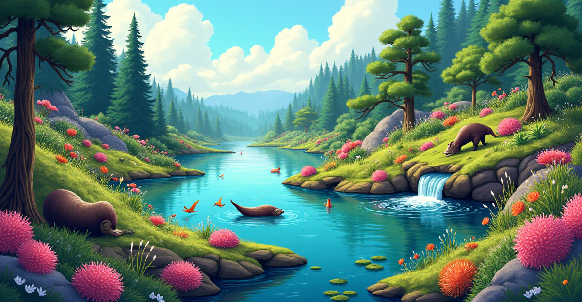 A vibrant, detailed illustration showcasing the concept of keystone species in a natural environment. The image should depict a diverse ecosystem, with a central focal point highlighting a specific keystone species. The environment should be lush and colorful, with intricate details depicting the interconnectedness of life within the ecosystem. Consider the following elements: * **Sea Otters in a Kelp Forest:** Depict sea otters amongst a vibrant, kelp forest. Show the otters playfully interacting with the kelp and sea urchins, emphasizing their crucial role in maintaining the kelp forest's health. * **Beavers Building a Dam:** Illustrate beavers constructing a dam, with flowing water creating a tranquil wetland environment. Highlight the variety of species benefiting from the beaver's dam, including fish, birds, and mammals. * **Wolves in Yellowstone National Park:** Show a pack of wolves amidst a vibrant, forested landscape. Depict the wolves in action, interacting with their environment, showcasing their impact on the ecosystem. The illustration should have a calming and educational tone, highlighting the importance of biodiversity and the crucial roles of keystone species. Utilize vibrant colors and intricate details to convey the richness and beauty of these ecosystems.