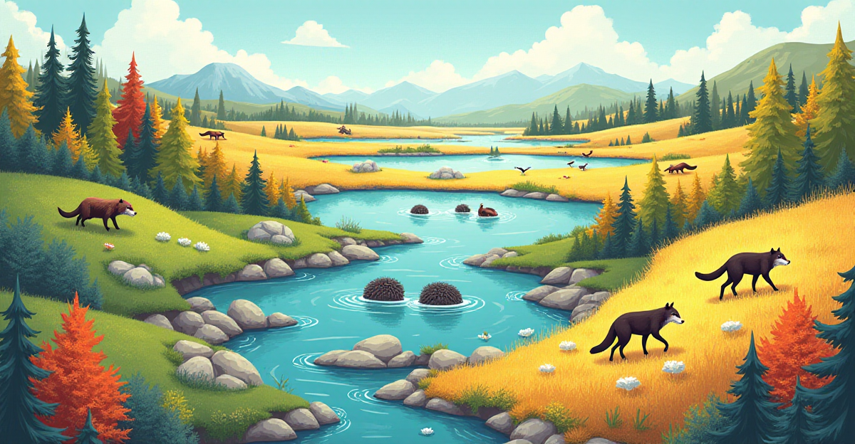 A vibrant and informative illustration depicting the importance of keystone species in maintaining ecological balance. Show a central panel showcasing a diverse ecosystem with vibrant colors, featuring a sea otter amidst a lush kelp forest, a beaver constructing a dam in a wetland, and a wolf stalking through a grassy meadow. Surrounding these central panels, showcase smaller vignettes highlighting the impact of each keystone species, such as an overgrazed landscape without wolves, a depleted kelp forest without otters, and a barren wetland without beavers. The overall style should be realistic with a touch of whimsical charm, emphasizing the interconnectedness of nature and the vital roles of keystone species. Use warm and earthy tones to convey a sense of life and vitality, with subtle hints of cooler tones to depict the potential consequences of their absence.