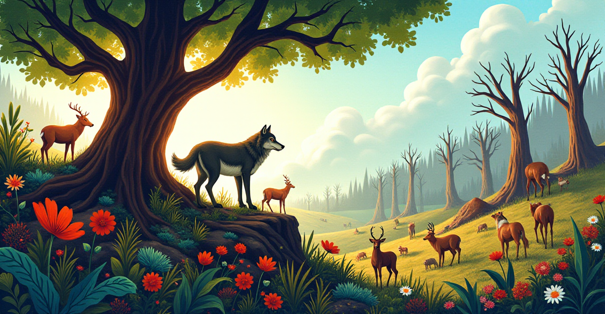 A vibrant and colorful illustration depicting the interconnectedness of a diverse ecosystem. In the center, a majestic wolf stands as a keystone predator, its gaze focused on a group of deer in the background, representing the delicate balance it maintains. Surrounding the wolf, a variety of plants and animals thrive, showcasing the rich biodiversity that thrives when keystone species are present. A large tree stands as a keystone plant, providing shelter and sustenance for a diverse community of animals. Use vibrant, natural colors to emphasize the beauty and health of the ecosystem. The overall mood should be one of wonder and appreciation for the delicate balance of nature. Emphasize the interconnectedness of species through subtle lines and arrows connecting different elements of the illustration. In the background, a barren landscape with skeletal trees serves as a stark reminder of the consequences of losing keystone species. The illustration should convey a sense of urgency and inspire viewers to take action to protect these essential species.