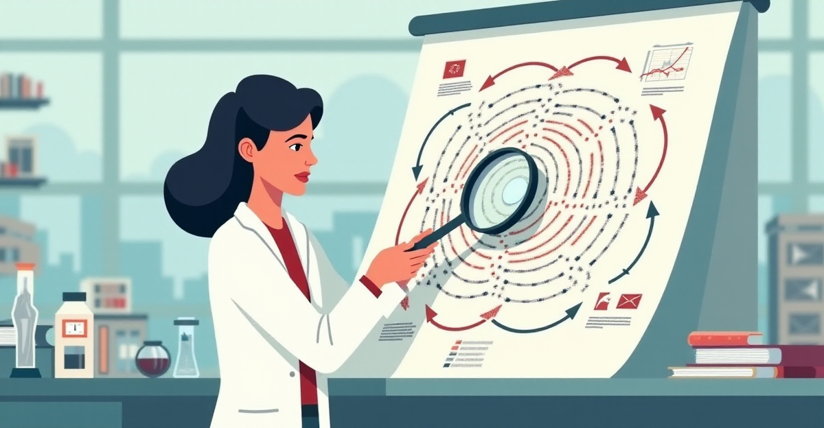 A stylized illustration depicting a researcher standing in a laboratory, surrounded by data visualizations and scientific equipment. The researcher, with a contemplative expression, is holding a magnifying glass over a complex scientific diagram. The diagram is riddled with arrows and annotations, highlighting various cognitive biases. A subtle visual language, like a maze or a tangled web, can be used to represent the complexities of cognitive biases in research. The illustration should convey a sense of intellectual curiosity and the importance of critical thinking in scientific inquiry. The overall mood should be both analytical and hopeful, reflecting the importance of mitigating bias to ensure research integrity. The colors should be muted and sophisticated, reflecting the seriousness of the topic. The background could feature a blurred cityscape or a laboratory setting, suggesting the impact of cognitive biases in real-world research.