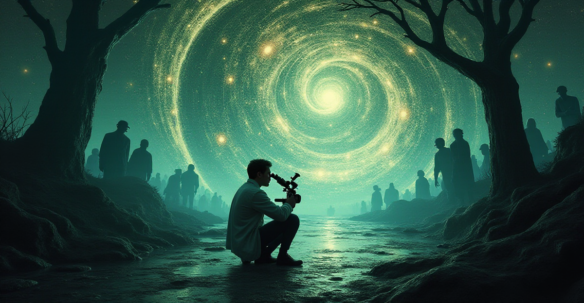 A surreal, dreamlike landscape where a scientist, hunched over a microscope, examines a slide. The slide is a microcosm of the world, with swirling, abstract patterns representing cognitive biases. These patterns distort the scientist's vision, creating a sense of unease and uncertainty. The scientist is surrounded by shadowy figures, representing subconscious influences. The overall color palette is muted and washed out, reflecting the uncertainty and ambiguity inherent in cognitive bias.
