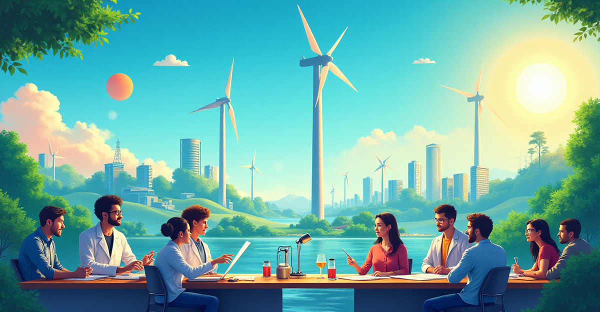 A vibrant and optimistic illustration depicting the interplay between science and climate solutions. Imagine a diverse group of scientists, engineers, and community members working together in a futuristic lab, surrounded by advanced technology and data visualizations. The scene should radiate a sense of hope and progress, with a focus on renewable energy solutions like wind turbines towering against a bright blue sky, solar panels illuminating a city, and geothermal energy installations pulsing with energy. In the background, a montage of visuals showcases the positive impact of climate action – lush forests, thriving ecosystems, clean air, and happy, healthy communities. The color palette should be bright and uplifting, highlighting the vibrancy of a sustainable future. The overall mood should be one of optimism and collaborative action, conveying a sense of collective responsibility for a brighter, greener future.