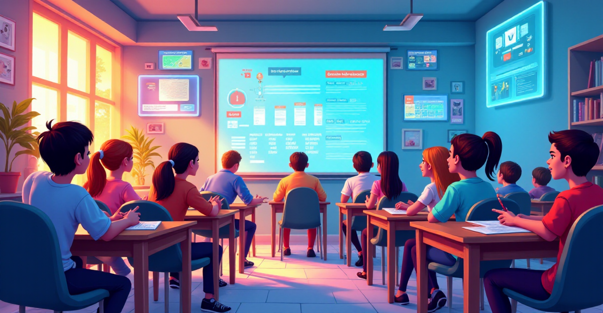 A vibrant and dynamic illustration depicting the concept of gamification in education. The scene should feature a classroom setting with excited students actively engaged in learning activities that resemble a video game. The classroom should be filled with bright, stimulating colors, with interactive displays showcasing game-like elements like points, badges, and leaderboards. Students should be interacting with these elements with enthusiasm, reflecting the joy and motivation brought by gamification. In the background, subtle imagery of popular educational games like Minecraft and SimCity could be incorporated, highlighting the potential of these platforms for learning. The overall mood of the illustration should be positive, energetic, and playful, conveying the effectiveness of gamification in making learning fun and engaging.