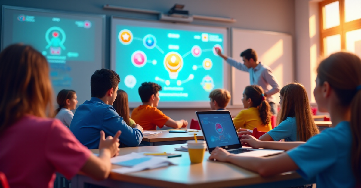 A vibrant and engaging scene depicting a classroom transformed by gamification. Students, diverse in age and appearance, are actively participating in a game-like learning activity, faces lit with excitement and focus. Bright, colorful graphics and interactive elements, such as points, badges, and leaderboards, are displayed on a large screen. The classroom itself is modern and dynamic, with interactive whiteboards, colorful furniture, and a sense of playful energy. The overall mood is optimistic, collaborative, and energized, showcasing the positive impact of gamification on student motivation and learning.