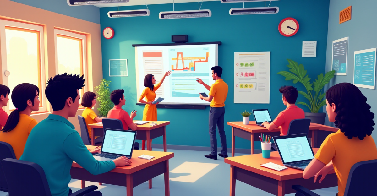 A vibrant classroom scene filled with energy and excitement, showcasing the positive impact of gamification on student engagement. The scene should depict a diverse group of students actively participating in a gamified learning activity. Colorful and engaging visuals like interactive whiteboards, virtual reality headsets, and playful graphics should be incorporated, along with elements of competition and collaboration. Students could be seen earning points, unlocking badges, and progressing on virtual leaderboards. The overall mood should be positive, dynamic, and inspiring, highlighting the transformative power of gamification in making learning fun and effective. The image could be rendered in a bright and colorful style with a dynamic composition, evoking a sense of playful energy and excitement.