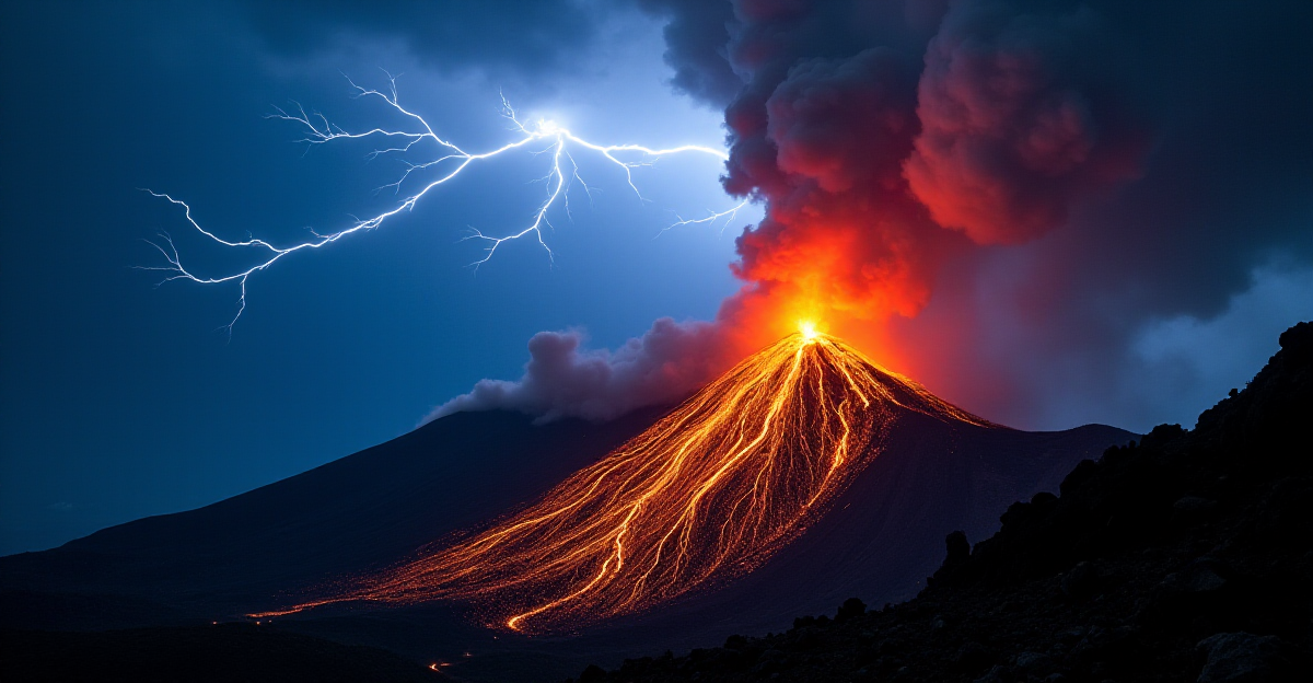 A dramatic, close-up view of a volcanic eruption at night, with incandescent lava flowing down the slopes. The sky above is a canvas of swirling, electric-blue lightning, crackling and illuminating the smoke plume with a ferocious energy. The scene is lit by a mix of fiery orange from the lava and brilliant white flashes from the lightning, creating a powerful, almost surreal contrast. The composition should emphasize the raw power and chaotic beauty of the event.