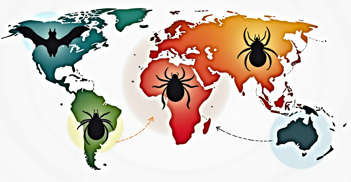 A visually compelling illustration depicting the diverse nature of zoonotic diseases. The image should feature a central circle showcasing various animals representing different categories of diseases: a bat (rabies), a tick (Lyme disease), a mosquito (West Nile virus), and a chicken (Salmonella). Each animal should be surrounded by visual metaphors representing the modes of transmission. For example, the bat might have swirling lines emanating from its mouth representing saliva, while the tick might have a dotted line indicating a bite, and the mosquito might have a cloud of tiny dots representing airborne transmission. The colors used should be vibrant and contrasting, reflecting the serious nature of the subject. The background should be a stylized map of the world, indicating the global reach of these diseases. The overall mood should be informative and cautionary, highlighting the importance of awareness and prevention.