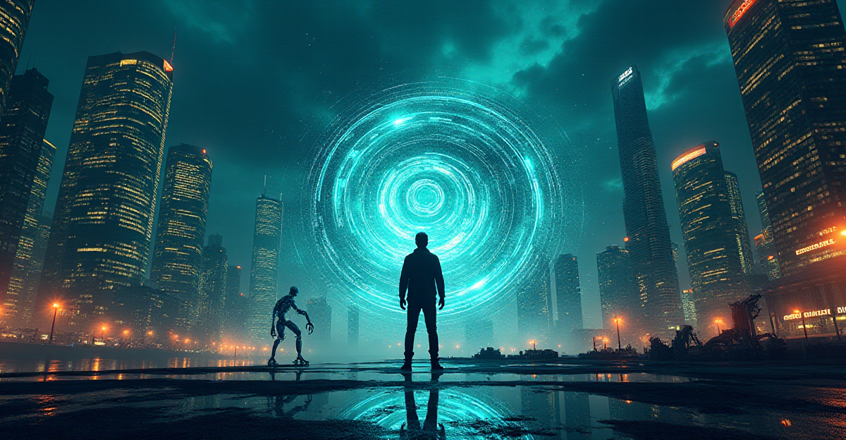 A futuristic cityscape with towering skyscrapers reflecting neon lights against a night sky. A central figure, perhaps a scientist or futurist, stands amidst a swirling vortex of data and code, representing the complexity of AI. In the background, a glimpse of a robotic arm working on a complex project, highlighting the potential of AI in industry. The overall mood is one of wonder and anticipation, but with a hint of caution and uncertainty, symbolized by the swirling data vortex. The colors should be vibrant and dynamic, with cool blues and greens representing technology juxtaposed with warm oranges and yellows representing human ingenuity. The scene should have a slightly abstract feel, reflecting the ambiguity and complexity of AI's future.