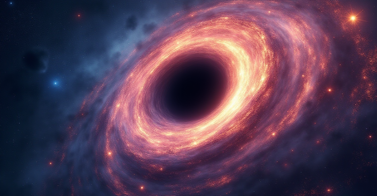A dramatic and stylized depiction of a rotating black hole, surrounded by swirling, distorted spacetime. Rendered in a vibrant, almost otherworldly palette of deep blues, purples, and fiery oranges, the black hole should appear as a singularity of pure darkness, surrounded by a chaotic, energized field of light and energy. The visual should convey the immense power and mystery of black holes, while also hinting at their potential as energy sources and gateways to other realms. The background could feature distant galaxies and swirling nebulae, creating a sense of vastness and cosmic scale. The overall mood should be one of awe and wonder, balanced with a sense of scientific curiosity and the potential for discovery.