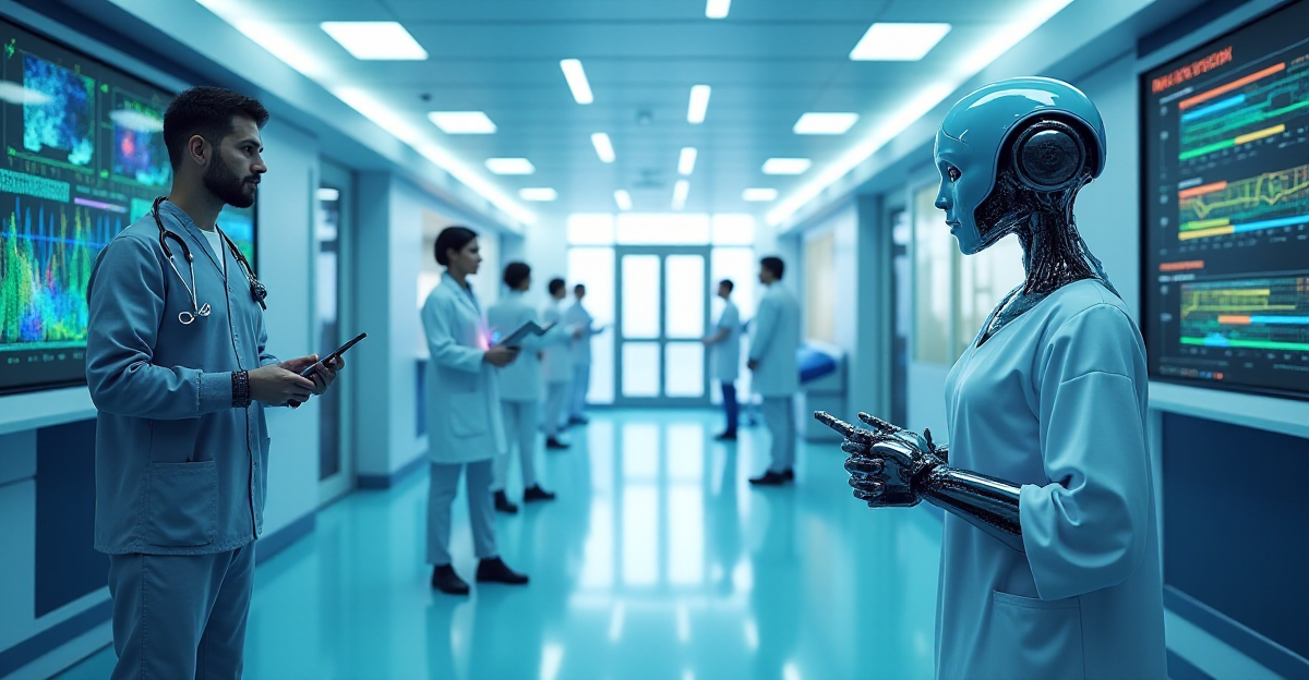 A futuristic, clean, and bright medical facility filled with advanced technology. AI-powered robots, sleek and metallic, assist doctors and nurses with various tasks, like administering medication and monitoring patients. In the background, large screens display complex medical data visualizations, showcasing AI algorithms analyzing and predicting patient outcomes. The scene is vibrant, showcasing the promise of AI in healthcare, and highlighting the use of AI in diagnosis, treatment, and patient care. The overall mood is optimistic and hopeful, suggesting a future of advanced medicine and personalized healthcare. The colors should be predominantly cool, with splashes of vibrant blue, green, and purple, reflecting the technological advancements of the scene. The imagery should be a mix of realism and sci-fi elements, highlighting the intersection of human and artificial intelligence in the healthcare setting.
