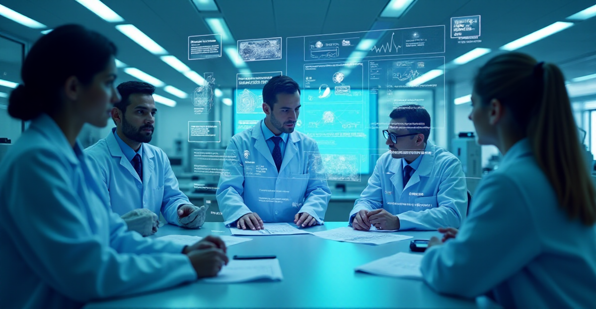 A futuristic, yet sterile, laboratory setting filled with advanced medical technology. A diverse group of doctors and scientists are working together, collaborating on a project involving AI. The scene focuses on a large holographic display showcasing complex data visualizations of medical information, with a focus on AI-driven analysis. The mood should be one of optimism and innovation, with a focus on the positive impact AI is having on the healthcare industry.