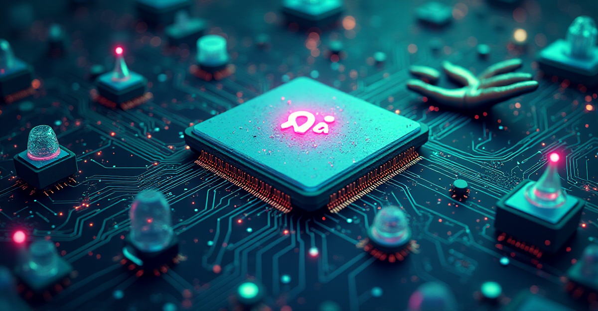 A digital collage illustrating the challenges of implementing AI in healthcare. The image should have a futuristic aesthetic, with a large, glowing AI chip in the center representing the potential of AI. Surrounding the chip are smaller, more abstract elements representing the challenges: a shattered glass representing data privacy, a scale tipped with a distorted human figure representing bias, a black box with a question mark symbolizing lack of transparency, a hand reaching towards a mirror with its reflection distorted representing ethical dilemmas, a tangled web of wires representing regulatory complexities, and a cityscape with a large, visible gap symbolizing the disparity in access to healthcare. The overall mood should be a mix of excitement and apprehension, showcasing the promise of AI while highlighting the complex issues that must be addressed. Use a vibrant color palette with shades of blue, green, and purple, and incorporate metallic textures to reflect the technological aspects of the image.