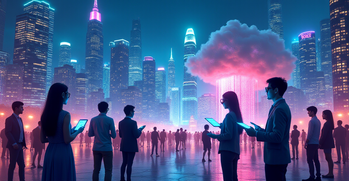 A vibrant and futuristic cityscape scene showcasing the transformative power of AI. The background features towering skyscrapers illuminated by a dazzling array of neon lights, symbolizing the rapid advancement and potential of AI technology. In the foreground, a diverse group of individuals interacts with AI-powered devices, representing the diverse applications of AI in everyday life. Some individuals wear augmented reality glasses, while others engage with AI assistants projected as holographic figures. The scene exudes a sense of optimism and wonder, yet with a subtle undercurrent of uncertainty and caution, symbolized by a looming cloud of data representing potential AI-related challenges such as bias, privacy concerns, and job displacement. The overall mood is a dynamic blend of excitement and anticipation, suggesting both the promise and potential pitfalls of an AI-driven future.