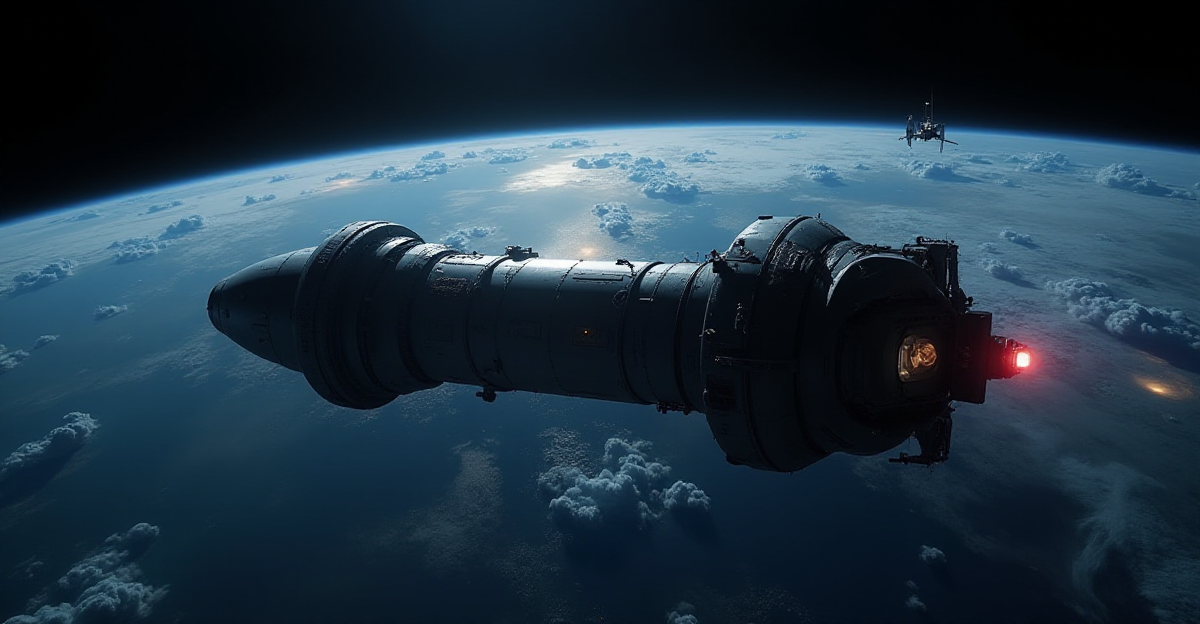 A dramatic and tense scene depicting the Starliner spacecraft in orbit, with the International Space Station in the distance. The spacecraft is enveloped in a soft glow of artificial light, highlighting the intricate details of its design. The Earth is a vibrant sphere below, with swirling clouds and patches of blue ocean. The image should convey a sense of urgency and the challenges faced during the mission. Focus on the details of the spacecraft's exterior, perhaps with a partially opened hatch, and a shadowed figure of an astronaut peering out. Use a dark, moody color palette, emphasizing the vastness of space and the isolation of the spacecraft. The composition should be dynamic, with the spacecraft positioned in the foreground, creating a sense of depth and perspective.