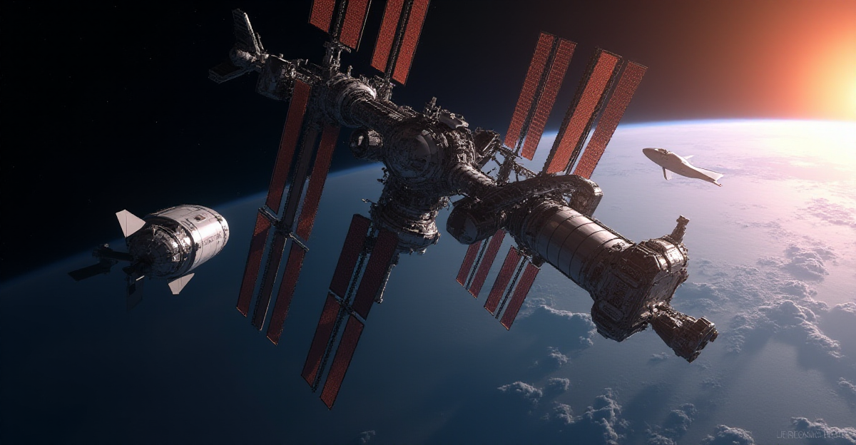 A dramatic, high-contrast scene depicting the International Space Station (ISS) in the vastness of space, illuminated by the sun. The ISS is a complex, metallic structure with solar panels extending outward, showcasing its technological marvel. In the foreground, a Boeing Starliner spacecraft, its exterior showing signs of damage or malfunction, hovers precariously in space, a stark contrast to the functional ISS. In the distance, a SpaceX Dragon spacecraft, sleek and pristine, approaches the ISS, representing a beacon of hope and a reliable solution. The scene should be filled with a palpable sense of urgency and tension, highlighting the vulnerability of human space exploration while also showcasing the ingenuity and determination of NASA and SpaceX in overcoming challenges. The composition should emphasize the scale and isolation of the ISS and the spacecraft, conveying the inherent risk and drama of space travel. The color palette should be dominated by deep blues and blacks of space, with pops of bright white and orange for the spacecraft and the sun, creating a visually striking and emotionally impactful scene.