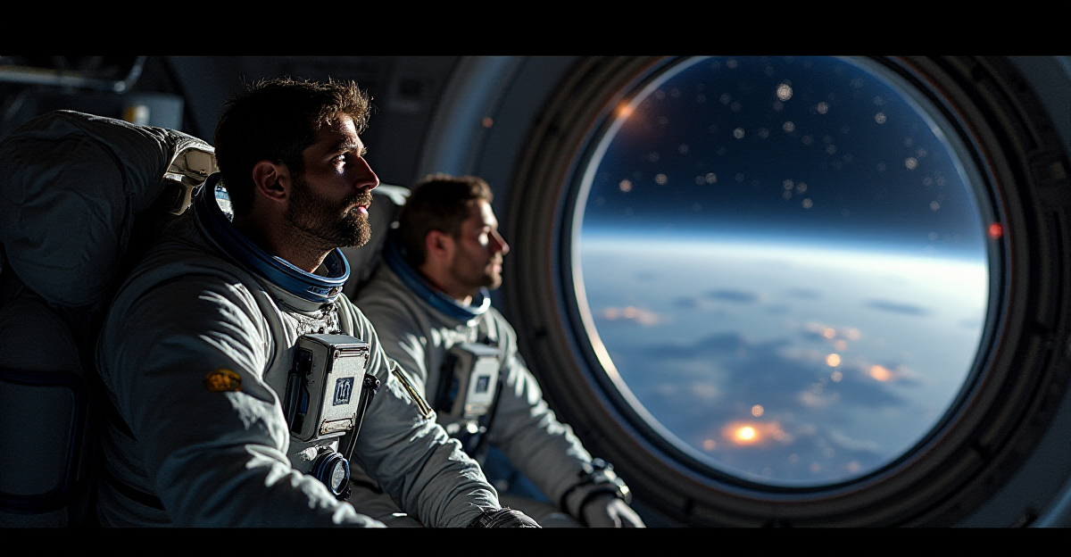 A dramatic scene depicting two astronauts stranded on the International Space Station (ISS). The astronauts, wearing their space suits, are gazing out of a window towards Earth, their faces reflecting a mix of concern and determination. The background features a vast, inky black space filled with twinkling stars, contrasting with the bright blue Earth in the distance. The ISS is partially illuminated by a warm glow from the setting sun, casting long shadows across the station's metallic exterior. The mood is tense, with a sense of isolation and the unknown, yet the astronauts' body language conveys resilience and a sense of hope. The overall composition should highlight the vastness of space and the astronauts' precarious situation, emphasizing the inherent risks of space exploration.