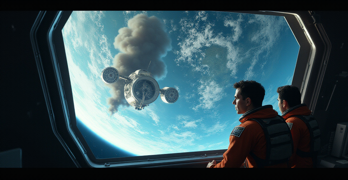 A dramatic and tense depiction of the International Space Station (ISS) in orbit, with Earth as a vibrant blue and green sphere in the background. Two astronauts are shown in the foreground, looking out of a window, their expressions a mixture of concern and hope. The Starliner spacecraft, partially obscured by a cloud of smoke and debris, is depicted in the distance, its docking mechanism visibly damaged. The scene is bathed in the soft, cool light of the sun, creating a sense of urgency and uncertainty. The overall mood is one of danger, suspense, and the fragility of human life in the vastness of space.