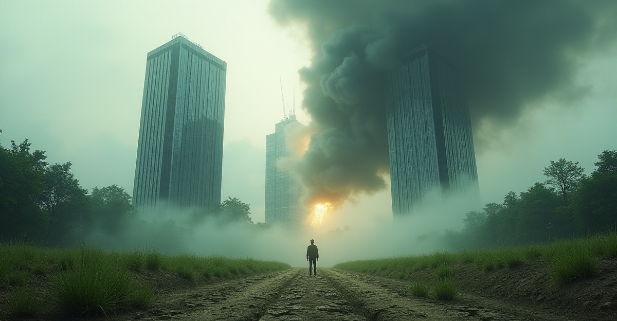 A stark, contrasting image depicting the disparity between corporate and individual carbon emissions. On one side, a towering skyscraper, its windows reflecting the polluted cityscape, symbolizes corporate emissions. The building is enveloped in a dark, ominous cloud representing the vast scale of their impact. On the other side, a lone, small figure stands amidst a lush, green landscape, representing an individual attempting to make a difference. The figure is dwarfed by the skyscraper and the pollution cloud, highlighting the power imbalance and the difficulty in making an impact individually. The overall tone should be dramatic and thought-provoking, using strong contrasts in lighting and color to emphasize the message. Incorporate elements of environmental destruction like smog, dry cracked earth, and wilting trees to convey the urgency and severity of the situation.