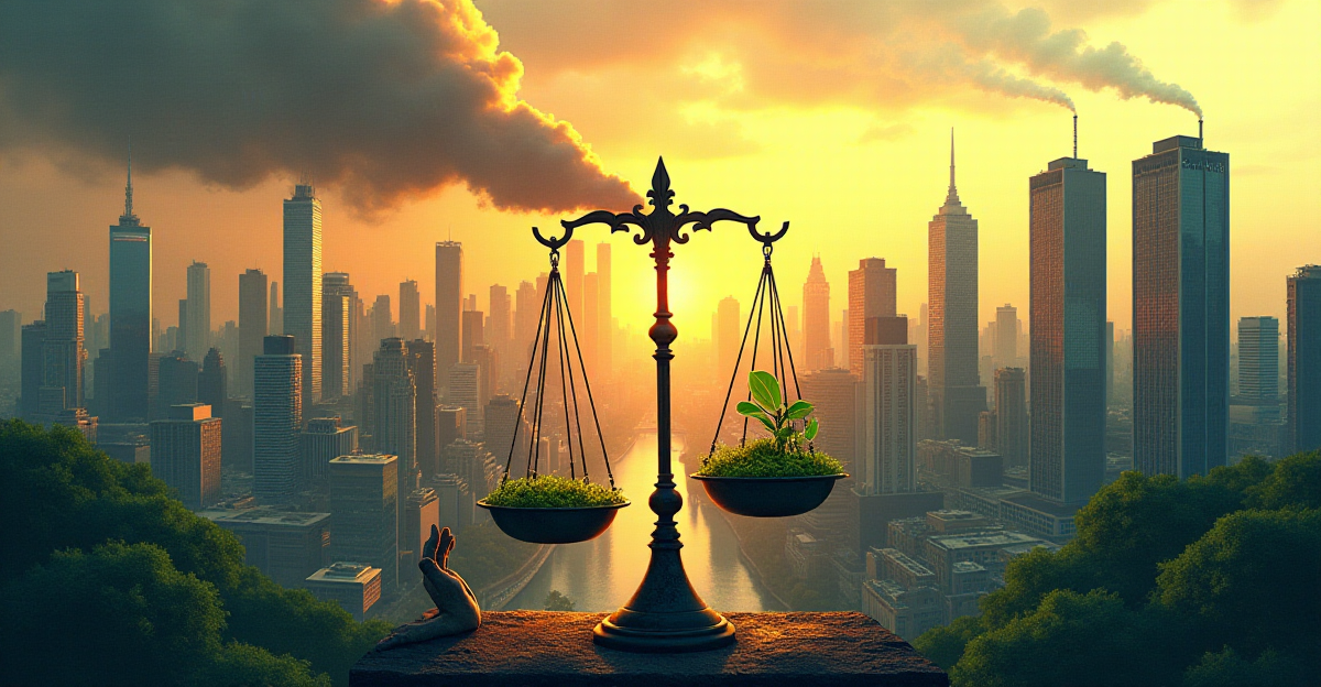A powerful, thought-provoking illustration depicting the stark contrast between corporate responsibility and its absence in the face of climate change. On one side, a bustling city skyline with towering corporate buildings emits plumes of smoke, symbolizing the vast carbon footprint of large corporations. The buildings are shrouded in a hazy, orange glow, suggestive of pollution and environmental damage. This side of the image should be dominated by dark, muted tones, creating a sense of gloom and impending doom. In stark contrast, the other side of the image depicts a vibrant and sustainable city, thriving with green spaces, clean energy sources, and happy, diverse communities. The buildings are modern and sleek, using solar panels and wind turbines. This side of the image should be bathed in warm, natural light, showcasing a hopeful vision of a sustainable future. The central focus of the image should be a metaphorical scale, tipped heavily towards the side of corporate irresponsibility. The scale should be made of industrial materials, like rusted metal, signifying the weight of corporate inaction. However, on the side representing corporate responsibility, a single hand reaches out, holding a delicate seedling, symbolizing the potential for positive change. The overall mood should be one of urgency and hope, highlighting the need for collective action to hold corporations accountable for their impact on the environment.