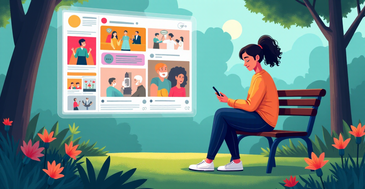 A stylized illustration depicting the concept of dopamine fasting and its impact on social media addiction. Imagine a scene with a person sitting on a bench in a serene park, surrounded by lush greenery and vibrant flowers. The person, with a relaxed expression and a gentle smile, is holding a smartphone in their hand, but it's turned off and placed face down on the bench. The scene should convey a sense of calmness and tranquility, contrasting with the vibrant, stimulating imagery of a social media feed projected in the background. The feed should be comprised of colorful, eye-catching images and videos, representing the constant bombardment of content that triggers dopamine release. However, the person appears unfazed by the social media feed, suggesting they are no longer consumed by its allure. The colors should be soft and muted in the foreground, with the vibrant social media feed serving as a contrasting element, highlighting the transition from addictive engagement to mindful disengagement. The style should be a combination of realism and stylized elements, employing a subtle, painterly touch to convey the emotional impact of dopamine fasting.