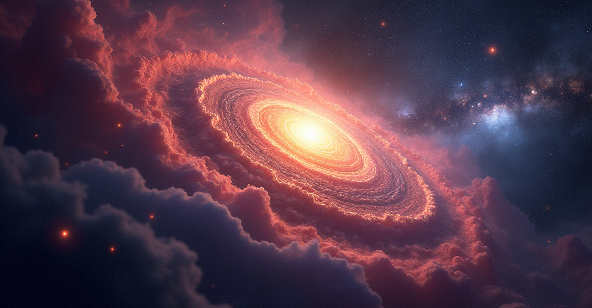 A dynamic and swirling nebula, vibrant with swirling colors of pink, blue, and gold, representing the chaotic early universe. At the center of the nebula, a newly-formed star system emerges, with a young star radiating light and heat, and a swirling disk of dust and gas representing the formation of planets. This central scene is set against the backdrop of a vast, dark expanse of space, dotted with distant stars, hinting at the universe's grandeur and scale. The nebula is illuminated by the central star, with wispy tendrils of glowing gas extending outwards, symbolizing the transfer of angular momentum. The overall mood should be one of awe and wonder, emphasizing the dynamic and ever-changing nature of the universe.