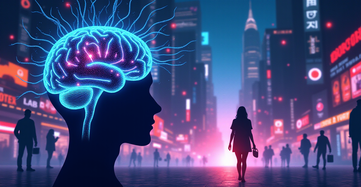 A digital illustration depicting a brain with glowing, pulsating neurons, symbolizing the release of dopamine. The background could feature a cityscape with bright screens and flashy advertisements, representing addictive stimuli. In the foreground, a figure walks away from the cityscape, perhaps holding a phone, but with a peaceful, relaxed expression, suggesting the positive effects of dopamine fasting. Use vibrant, contrasting colors to highlight the difference between the stimulating cityscape and the calmer, more tranquil state achieved through dopamine fasting. The overall mood should be one of hope and empowerment, conveying that taking a break from dopamine-inducing activities can lead to greater control and well-being.