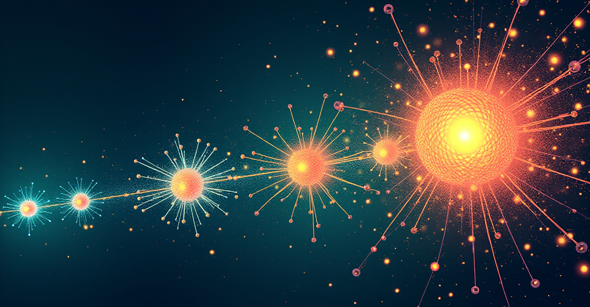 A stylized illustration depicting the evolution of neural networks in AI. Start with a simple, abstract representation of a basic neural network, perhaps resembling a single neuron with connections. As the image progresses, the network grows increasingly complex, transitioning to a multi-layered deep neural network, with vibrant connections and flowing data. The final stage could showcase a "Transformer Algorithm," depicted as a swirling vortex of data and connections, highlighting its power and complexity. Use a color palette of cool blues, greens, and purples for the initial stages, transitioning to warmer oranges and yellows as the networks become more advanced, signifying increasing computational power and knowledge. Overall, convey a sense of dynamism and awe-inspiring growth, highlighting the transformative impact of neural networks on AI.