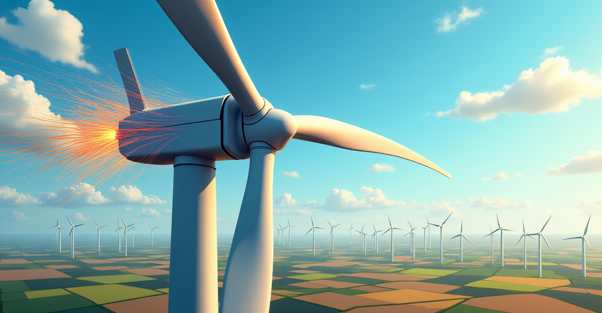 A dramatic illustration depicting the physics of wind power. In the foreground, a close-up view of a wind turbine blade, showcasing its intricate design and aerodynamics. The wind, visualized as swirling, vibrant lines, pushes against the blade, creating a low-pressure zone on the top and a high-pressure zone on the bottom. In the background, a vast field of wind turbines stretches across a landscape, representing the scale and potential of wind power. The overall scene should have a sense of dynamism and power, capturing the force of the wind and the energy it generates. The colors should be bold and vibrant, reflecting the clean and sustainable nature of wind power. Use a blend of realistic and stylized elements, emphasizing the scientific concepts while maintaining a visually engaging composition.