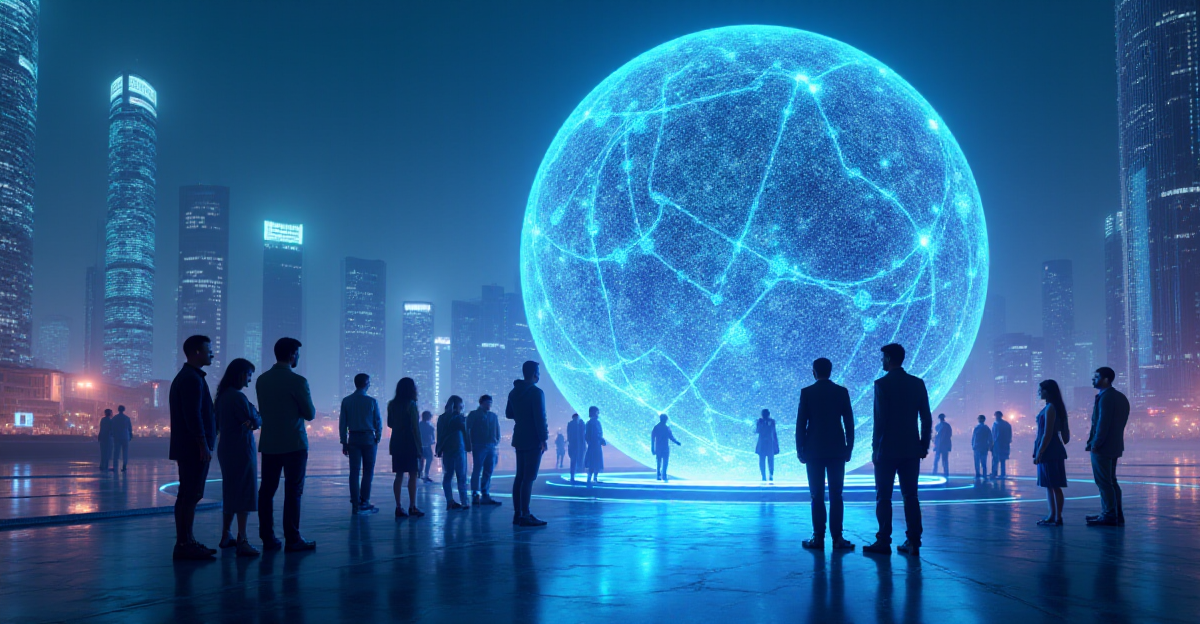 A futuristic cityscape with towering structures made of glowing circuitry and holographic displays. In the foreground, a group of diverse individuals interact with a large, transparent sphere filled with swirling data. The sphere represents a ChatGPT AI model, with its internal workings visualized as a complex network of glowing nodes and connections. The scene is awash in cool blues and purples, creating a sense of technological wonder and anticipation. The figures appear both curious and somewhat awed, signifying the transformative power of AI. The overall mood is one of excitement, progress, and the promise of a future shaped by advanced technology.