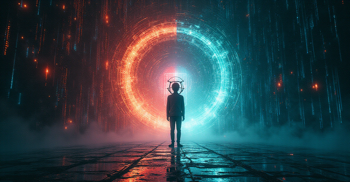 A surreal, dreamlike scene depicting the internet's evolution, with a focus on its potential death. The composition should showcase two contrasting sides: one side represents the vibrant, exciting early days of the internet, with pixelated graphics, chat rooms, and a sense of discovery. This side is bathed in warm, nostalgic colors. The other side is bleak and sterile, dominated by AI-generated content, algorithms, and faceless bots. This side is rendered in cool, desaturated tones, emphasizing the coldness and lack of human connection. A ghostly figure, resembling a human trapped within a mechanical cage, stands between these two worlds, symbolizing the loss of authentic online interaction. The background should depict a swirling vortex of data and code, representing the overwhelming digital landscape.